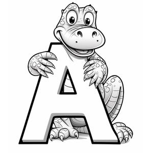 May include: A black and white cartoon illustration of an alligator holding the letter A. The alligator is smiling and has a friendly expression.
