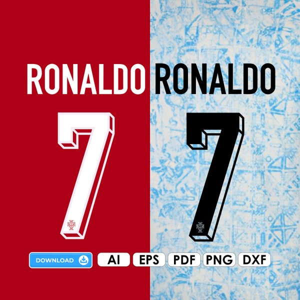 Brandnew Vektor Font Jersey Portugal Ronaldo 7, Fußball-Shirt-Schriftart, Wappen FPF eps | pdf| png, Font CR7 Europameisterschaft 2024 Neu