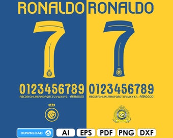 NEW font vector Jersey Al-Nassr 2023/24 Ronaldo 7, football shirt font, crest Al Nassr Saudi Arabia eps | pdf| png, font CR7