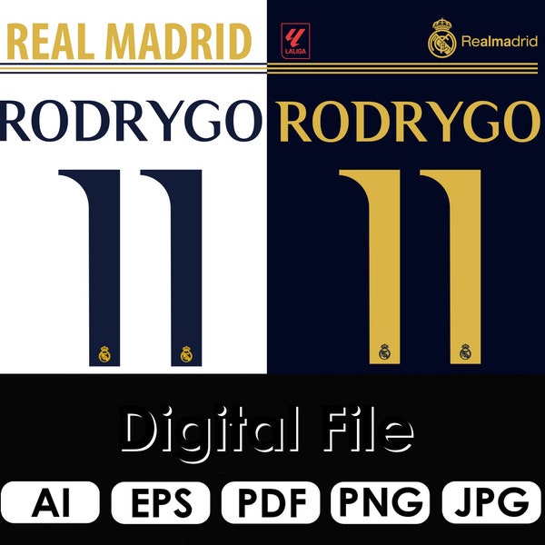 NEW Font Vector Jersey Real Madrid 23/24 Champions League, Football Shirt Font UCL, Rodrigo 11 eps | pdf| png