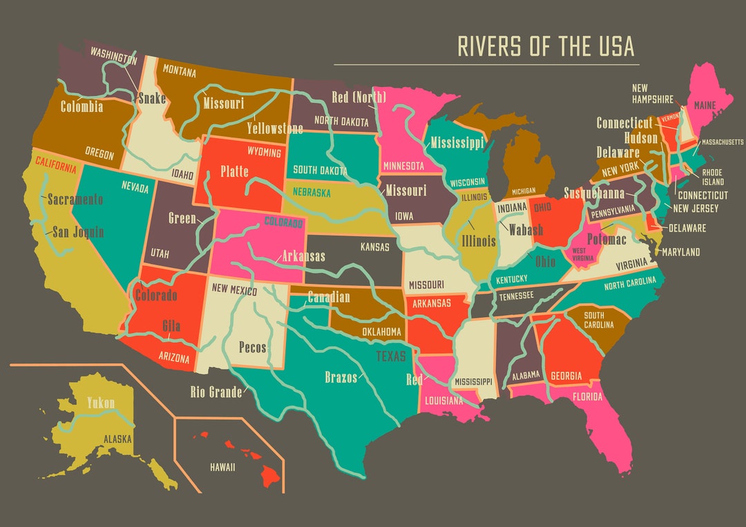 Us Ribers Map US Rivers Map - Giclée Print in Various Sizes (A1 to A4), Unframed ...