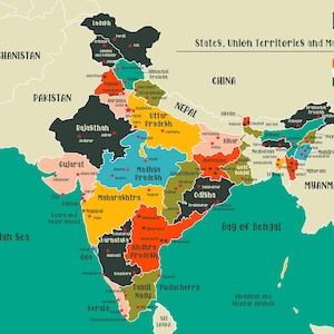 May include: A colorful map of India, highlighting states and union territories with various colors. The map includes the country's name, flag, and labels for major cities and surrounding countries. The Arabian Sea and Bay of Bengal are also labeled.