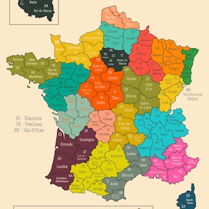 May include: A colorful map of France, showcasing the administrative divisions known as départements. Each département is distinctly colored and numbered, with a small inset map of Paris and surrounding areas. The title "French Departments" is displayed at the top.