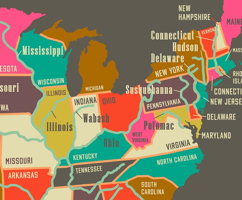US Rivers Map - Giclée Print in Various Sizes (A1 to A4), Unframed ...