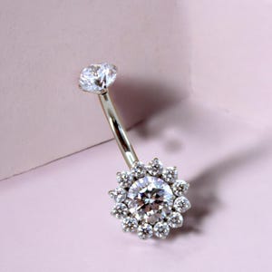 NEW • 14G Titanium Silver Belly Button Ring, Clear Sparkle Gem Floral Decor Belly Button Ring Piercing Jewelry, Navel Piercing Ring