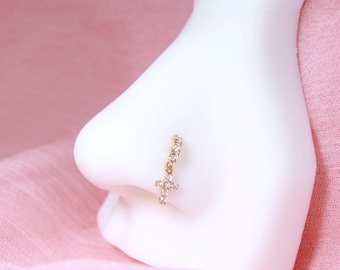 14K Gold Cross Nose Ring, 20g Dangling Cross CZ Nose Hoop Ring Jewelry, Dainty Bendable Nose Piercing Jewelry, Solid Gold Jewelry
