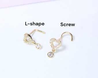 14K Gold Heart Nose Stud, 20g Dainty Dangling Gem L Shape Corkscrew Nose Stud, Gold Nose Jewelry, L Bend Screw Nose Piercing Stud Ring