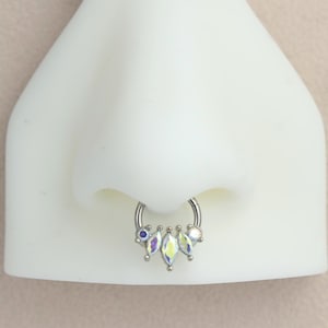 16G Septum Clicker Ring, Dainty Marquise Septum Hinged Hoop Ring, Silver Nose Piercing, Septum Piercing Jewelry