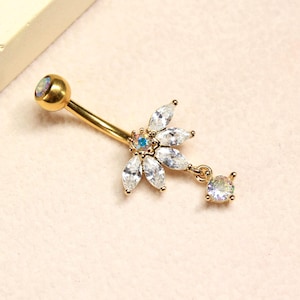 Gold Dangling Belly Button Ring, 14G Petal Leaf Decor Marquise Gemstone Belly Ring Piercing Jewelry, Gold Navel Piercing,Dainty Body Jewelry