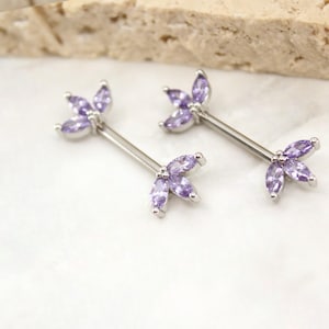 14G Purple Lotus Leaf Nipple Barbell,  Floral Petals Marquise Gem Silver Nipple Piercing Ring, Body Piercing Jewelry.