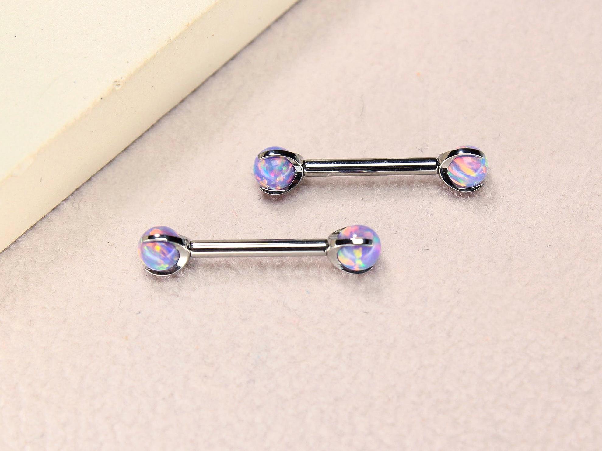 14G Titanium Nipple Barbell, Blurple Opal Ball End Nipple Ring Piercing, Pair of Purple Nipple Sheild Body Jewelry, Minimalist Jewelry