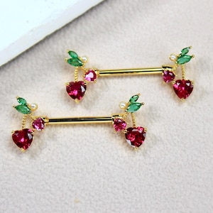 14g Gold Nipple Barbell, Cherry Heart Drop Charm Nipple Piercing, Body Jewelry