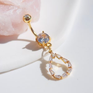 14G Gold Dangling Belly Button Ring, Dainty Baguette Gem Teardrop Belly Ring, Belly Ring Body Jewelry, Navel Piercing