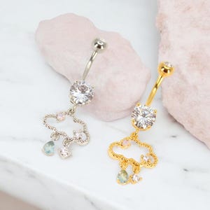 14g Dangling Belly Ring, Gold Silver Raining Cloud Dangle Belly Button Ring, Navel Piercing, Body Jewelry, Belly Ring Piercing Jewelry