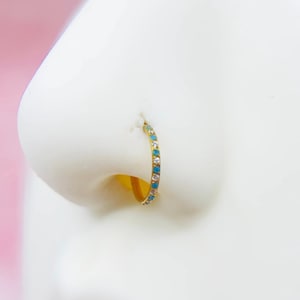 16g Implant Grade Titanium Gold Blue Gem Nose Piecing Ring, Front Gem Nose Cartilage Conch Piercing Clicker Hoop Ring Jewelry