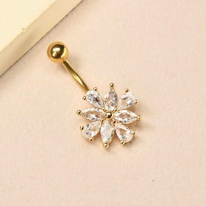 14g Floral Belly Button Ring, Gold CZ Gem Flower Belly Ring Piercing, Minimalistic Navel Piercing Body Jewelry