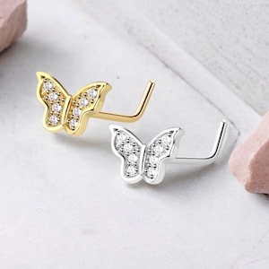 Piercing al naso a forma di farfalla in oro, 20 g, delicato gioiello per il corpo con decorazione in zirconi cubici a forma di farfalla, anello per piercing al naso a forma di L, sottile gioiello per piercing al naso.