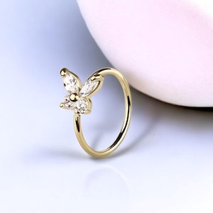14K Gold Butterfly Nose Ring, 20g Dainty Crystal Butterfly Nose Hoop Ring Jewelry, Bendable Nose Piercing Jewelry, Solid Gold Jewelry,