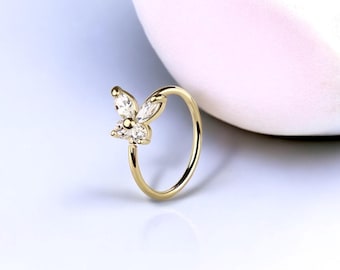 14K Gold Butterfly Nose Ring, 20g Dainty Crystal Butterfly Nose Hoop Ring Jewelry, Bendable Nose Piercing Jewelry, Solid Gold Jewelry,
