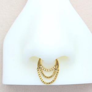 16G Gold Dangling Chain Septum Clicker Ring. Double Chain Opal Septum Hoop Ring. Septum Nose Jewelry, Septum Piercing Ring