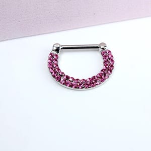 16G Septum Clicker Ring, Pink Double Line Crystal Gem Decor Hinged Septum Nose Piercing Jewelry, Dainty Nose Septum Hoop Ring,