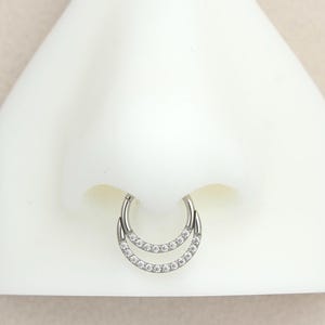 16G Septum Clicker Ring, Dainty Double Line Sparkle Gem Hinged Hoop Septum Piercing Jewelry, Nose Piercing Body Jewelry, Septum Ring