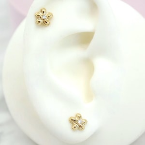 Gold Titanium Threadless Push-In Labret with  CZ Crystal Flower Top, 18g Body Jewelry for Lip, Nose, Cartilage, Tragus Piercing  Jewelry
