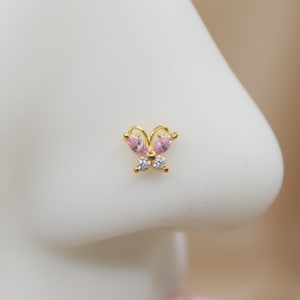 Pink Butterfly Nose Stud, Sparkle Butterfly Pink Decor Nose Piercing Stud Ring, Ball End Nose Piercing Jewelry