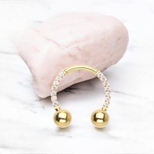 16g Gold Horseshoe Septum Ring with CZ Crystals, Front Facing Gems Septum Ring , Gold Hinged Septum Clicker, Hypoallergenic Septum Piercing.