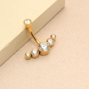 Titanium Belly Button Ring, 14G Gold Curved Round CZ Belly Ring, Navel Piercing Jewelry, Body Jewelry, Gold Navel Bar, Titanium Jewelry