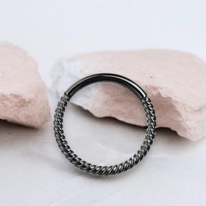 16g Black Septum Hoop Ring, Twisted Rope Style Hinged Hoop Segment Septum Clicker Ring Piercing, Nose Jewelry