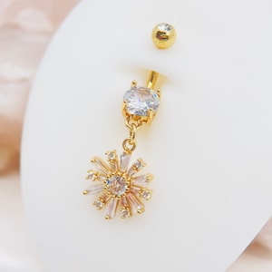 14G Gold Flower Dangling Belly Ring, Baguette Gem Floral Decor Charm Belly Button Ring Piercing Jewelry, Hypoallergenic Navel Piercing,