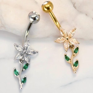 14G Gold Floral Leaf Belly Button Ring, Marquise Flower Petal Belly Ring Piercing , Gold Silver Dainty Navel Piercing, Belly Body Jewelry,