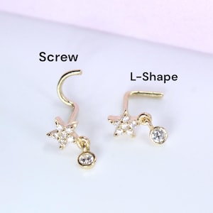 14K Gold Star Nose Stud, 20g Dainty Dangling Star L Shape Corkscrew Nose Stud, Gold Nose Jewelry, L Bend Screw Nose Piercing Ring Jewelry