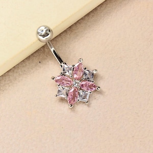 14G Floral Belly Ring, Dainty Pink Sparkling Clear Gem Belly Piercing, Navel Piercing Body Jewelry, Floating Navel Ring
