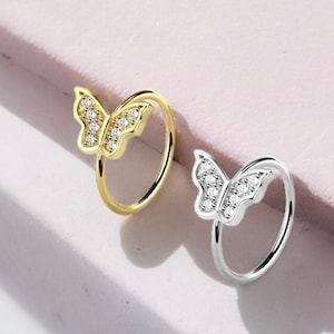 20g Dainty Butterfly Nose Ring Hoop. Bendable CZ nose hoop. Nose piercing. Surgical Steel Nose Ring.