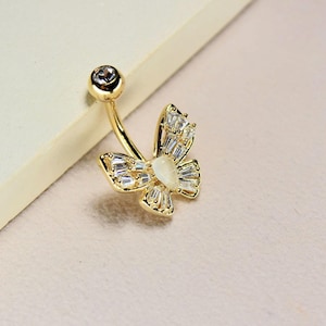 Gold Butterfly Belly Ring, 14G Dainty Belly Piercing, Baguette Gem Decor Navel Body Jewelry, Floating Belly Ring