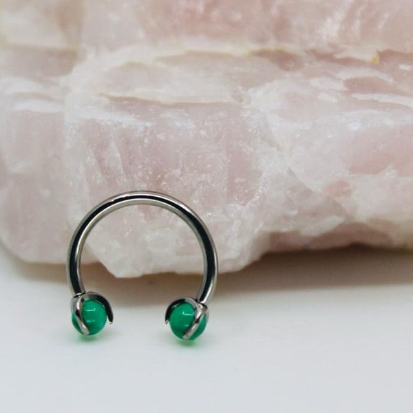 Implant Grade Titanium Natural Stone Jade Green Horseshoe Hoop Ring, Internally Threaded Septum Piercing Hoop Ring, Septum Jewelry Ring