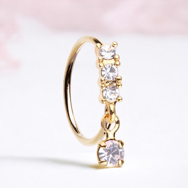 20g Gold CZ Dangling Nose Ring. Bendable Sparkling Gem Nose Ring Hoop. Cute Nose Piercing Jewelry. CZ nose ring.