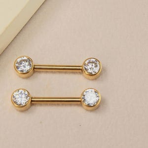 14g Titanium Nipple Barbell, Internally Threaded Gold Bezel Set Nipple Piercing Ring, Pair of Nipple Body Piercing Jewelry