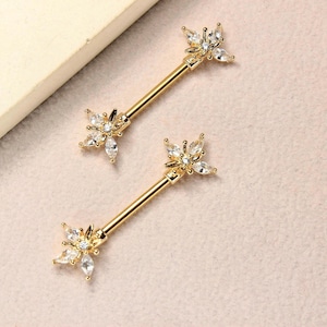 14G Gold Marquise Leaf Nipple Barbell, Pair of Floral Petal End Clear Gem Gold Nipple Piercing Jewelry, Body Piercing Jewelry,