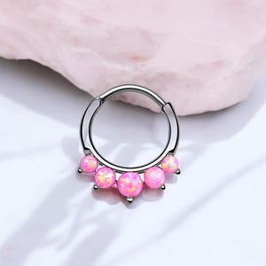 16g Pink Opal Front Dainty Septum Hoop Ring, Silver Nose Piercing Ring, Hinged Septum Clicker Nose Jewelry, Nose Piercing Jewelry