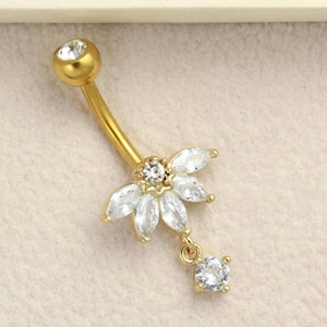 Gold Floral Dangling Belly Button Ring, 14g Dainty Petal Decor Marquise Gemstone Belly Ring Piercing Jewelry, Gold Navel Piercing