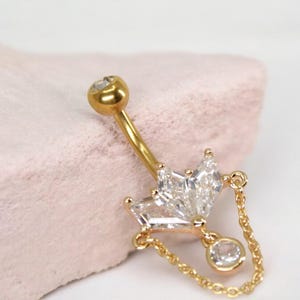 14g Gold Belly Button Ring, Marquise Gem Petal Decor Chain Charm Belly Button Piercing Jewelry, Gold Dangling Navel Bar Body Jewelry