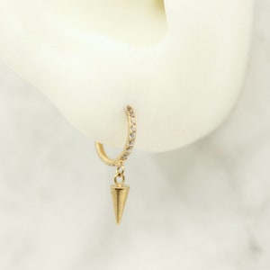 Gold Spike Dangle Hoop Ring, CZ Conch Hoop Clicker Ring, Conch Piercing Hoop Ring, Titanium Septum Daith Cartilage Piercing Earring