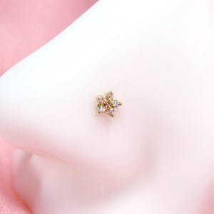 14k Gold Nose Ring, Solid Gold L Shape Corkscrew Nose Stud Jewelry, 20g Dainty Gold Flower Nose Ring, Nose Piercing Jewelry, Gold Nose Ring