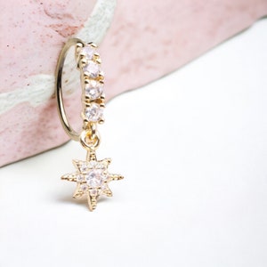 20g Gold Dangling Bendable Nose Ring. Floral decor charm nose stud ring. CZ nose ring.Nose Piercing Jewelry.