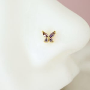 Dainty Butterfly Nose Stud, Purple Gemstone Nose Stud Ring, 20g Nose Piercing Jewelry, Gold Nose Hoop Stud Ring