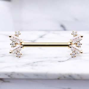 Baguette Gem Nippe Ring, Dainty Gem Cute Decor Sparkle Nipple Piercing Barbells, Gold Nipple Jewelry Body Piercing Jewelry