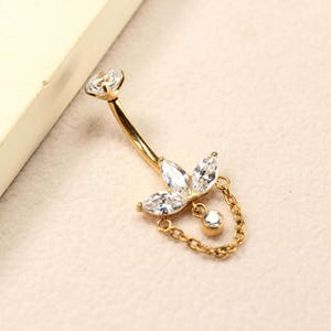 14g Titanium Belly Button Ring, Gold Dangling Chain Belly Ring, Petal Marquise Gem Charm Belly Piercing Jewelry, Gold Navel Body Jewelry